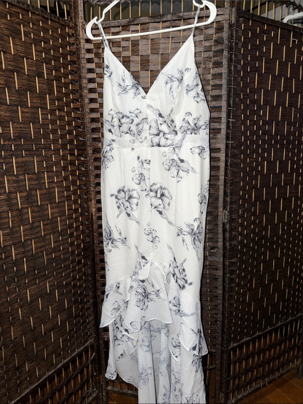 Lulu's White High-Low V-Neck Spaghetti Strap Dress with Gray Floral Print